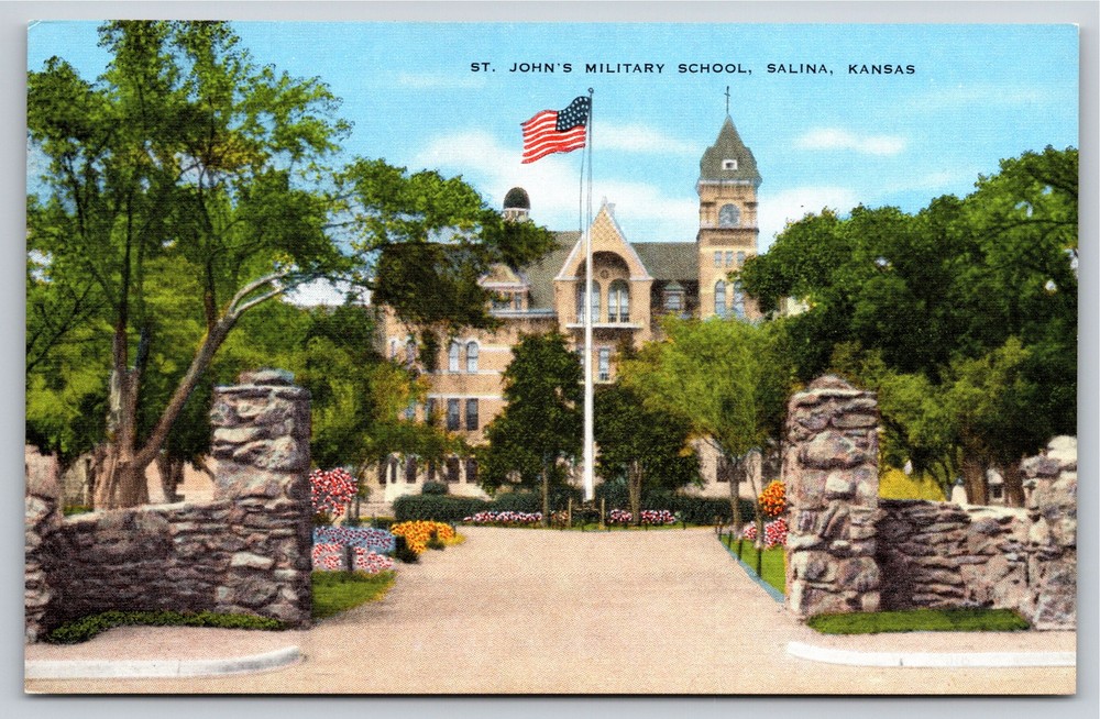 Salina Kansas~St Johns Military School Entrance Gate~US Flag~Vintage Linen PC