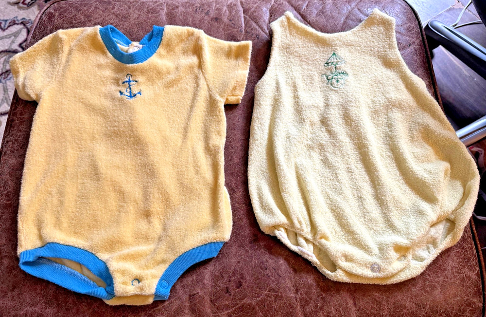 2 Cute Vintage 80s Yellow Terry Cloth Baby Bubble Rompers Embroidered 18mos
