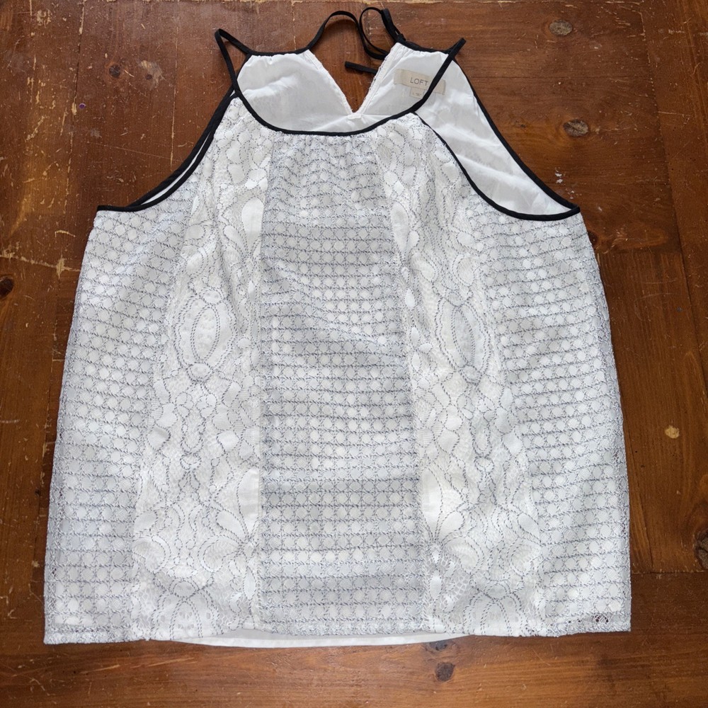 Ann Taylor LOFT Eyelet Lace Tank Blouse White w/ Black Trim Women’s Large