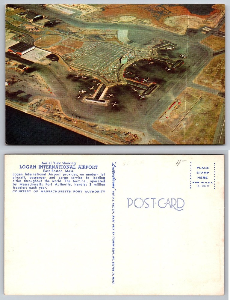 Logan International Airport Boston MA Aerial View Lusterchrome Postcard