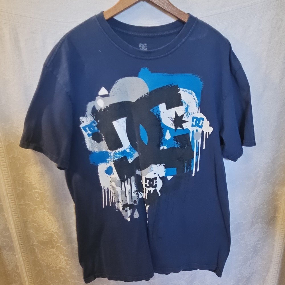 VTG DC Men's Blue Graphic Print Logo Crew Neck Short Sleeve T-Shirt Size L/G