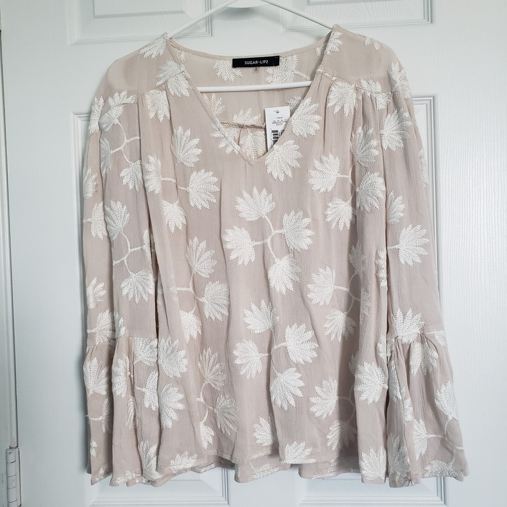 NWT Sugar Lips Boho Top Size S Embroidered Ferns Demure Fairycore Cottagecore