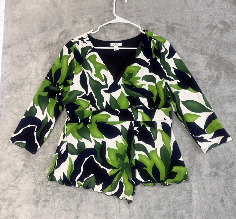 Cato Womens XL Green Black Abstract Floral Silky Blouse 3/4 Sleeve Top