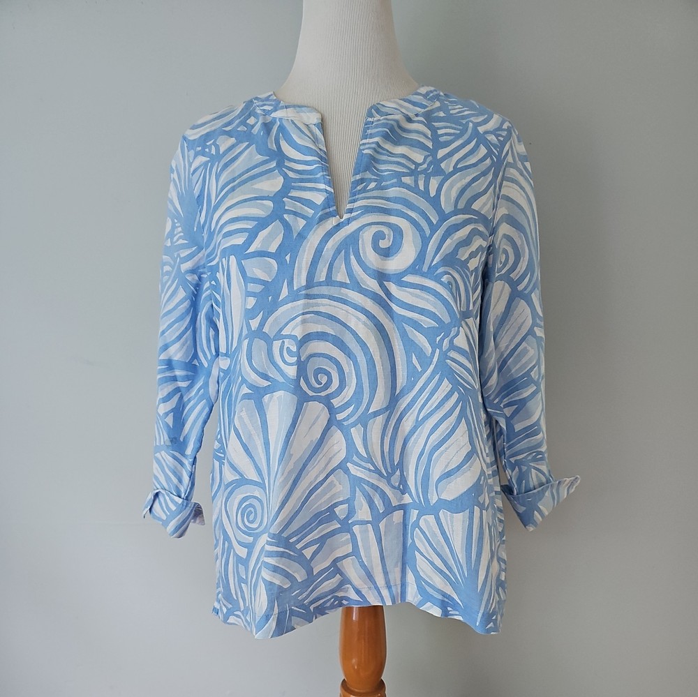 Vineyard Vines Women's Blue White Seashell Print 3/4 Sleeve Tunic Shirt Size L
