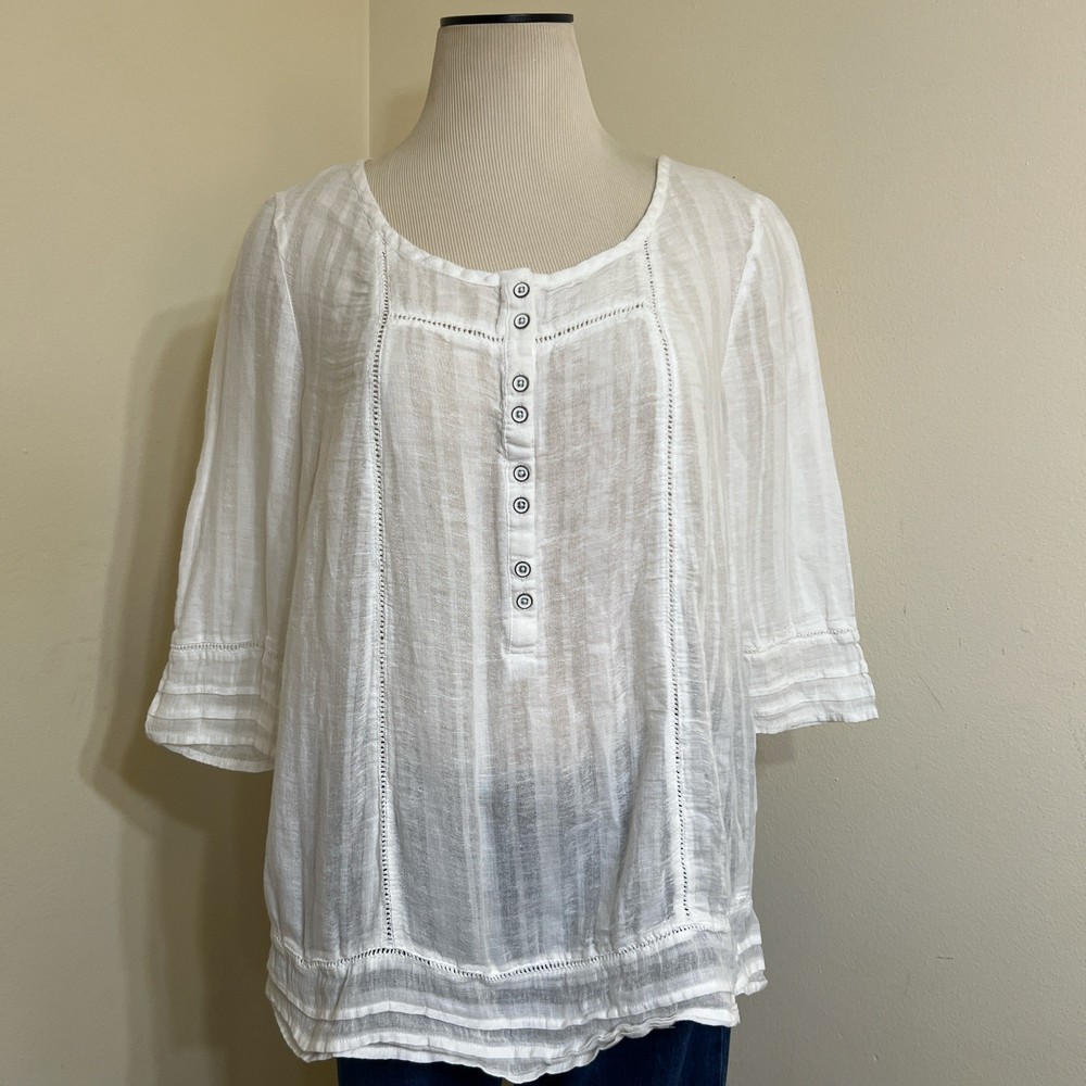 White Button-Front Cotton Linen Blend 3/4 Sleeves Blouse Sz M