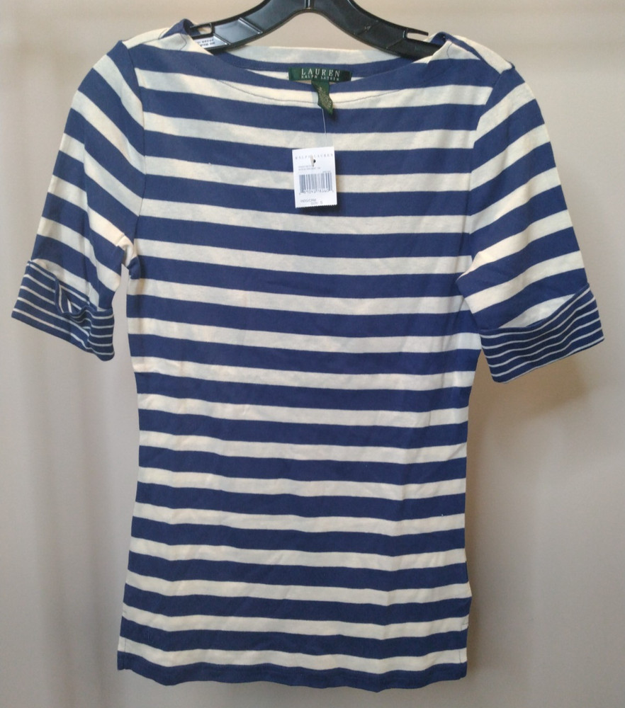 NWT LAUREN RALPH LAUREN 100% COTTON t-shirt Small Indigo/Cream Stripe