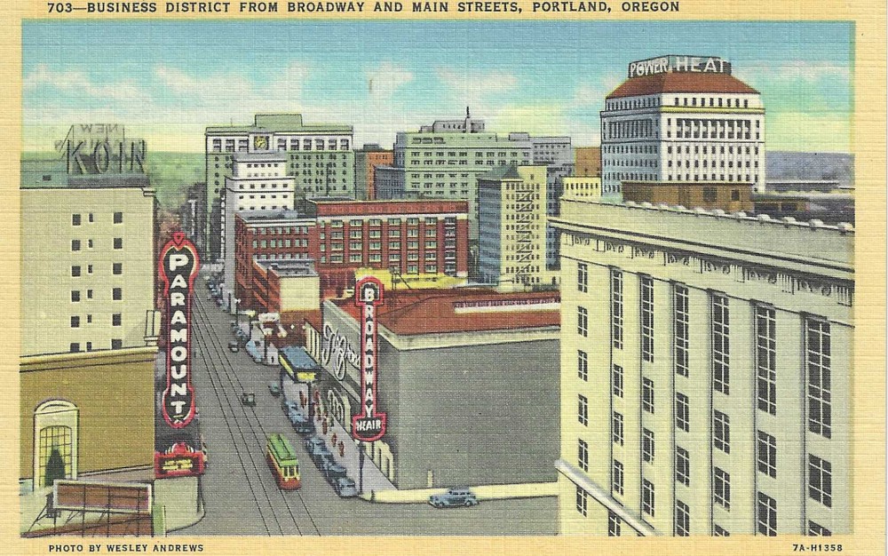c1940 Portland OR Oregon ~ Business District from Broadway & Main Postcard UNP
