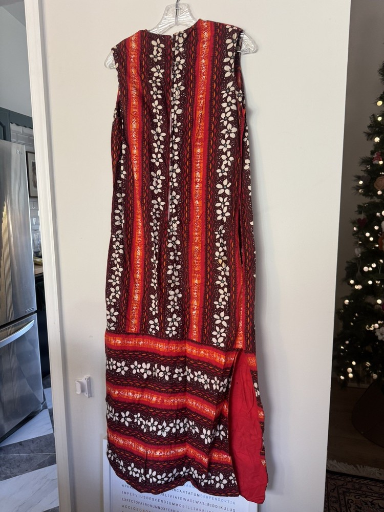 Vintage 50s/60s Red Floral Barkcloth Hawaiian Tiki Maxi Dress Hoaloha S/M