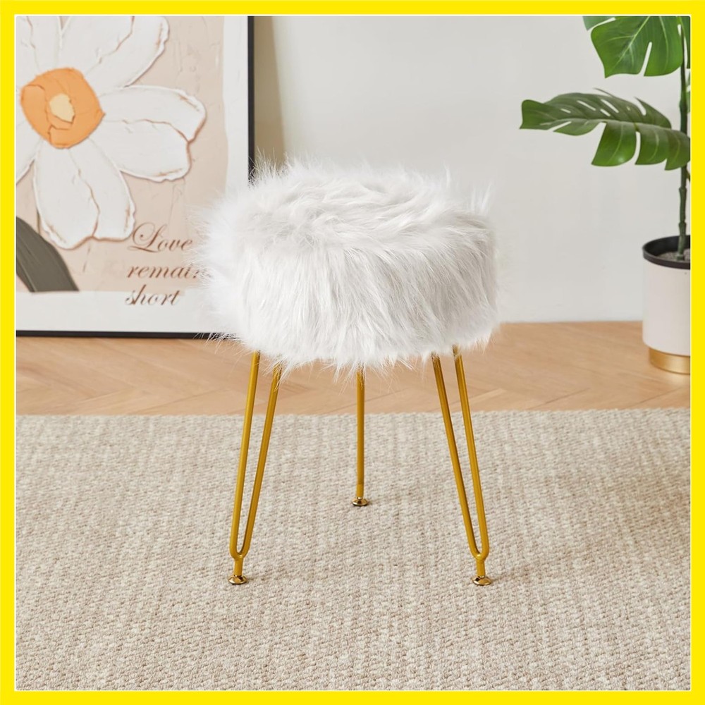 Faux Fur Vanity Stool Chair, Furry Makeup Stool Ottoman, Soft Padded Seat, Ro...