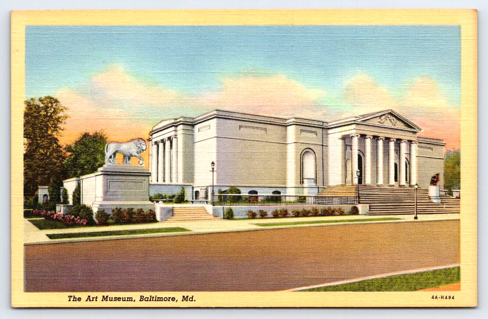 Vintage Old Outdoor Antique Postcard Art Museum Building Lion Statue Baltimore