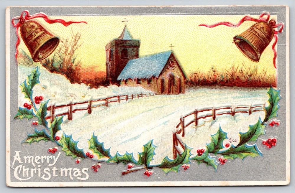 Holiday~A Merry Christmas~Winter Church Scene W/ Bells & Holly~Vintage Postcard