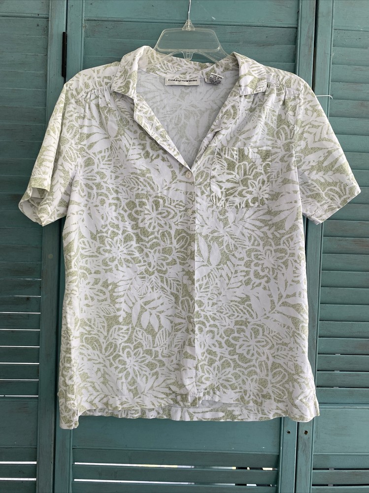 Cathy Daniels Women's Button Up Shirt ~ Sz S ~ Green & White ~ Short Sleeve