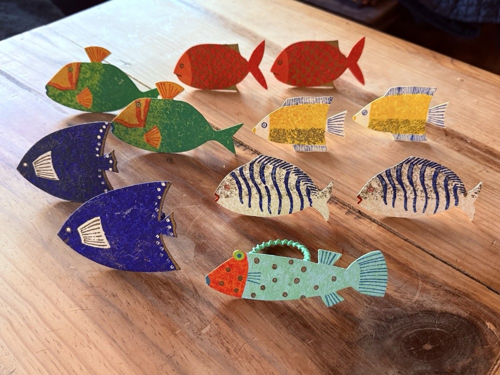 Vintage Set of 11 Crate & Barrel Salt Water Fish Abstract Metal Napkin Rings