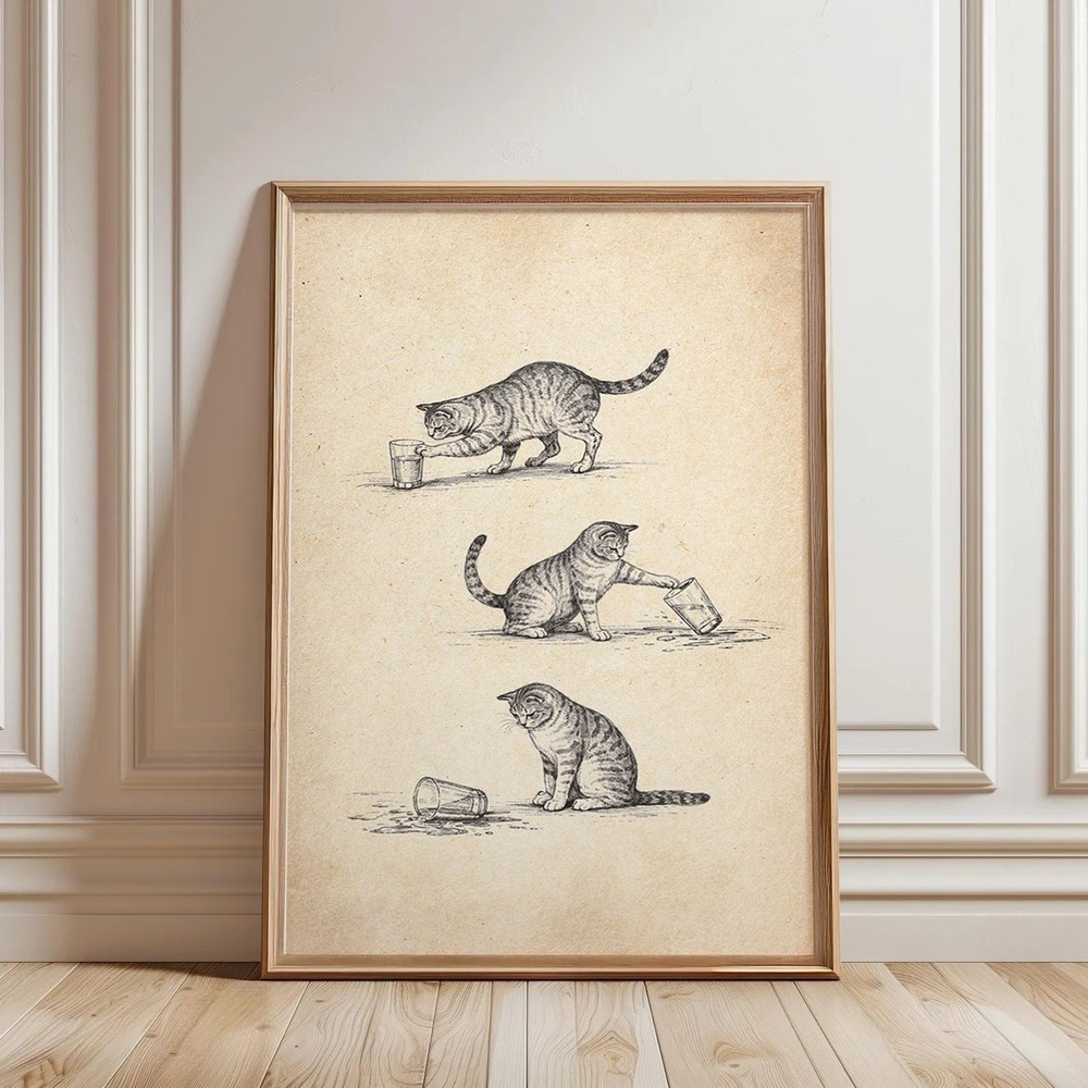 Vintage Sketch Cat Poster, Cat Lover Wall Art Decor