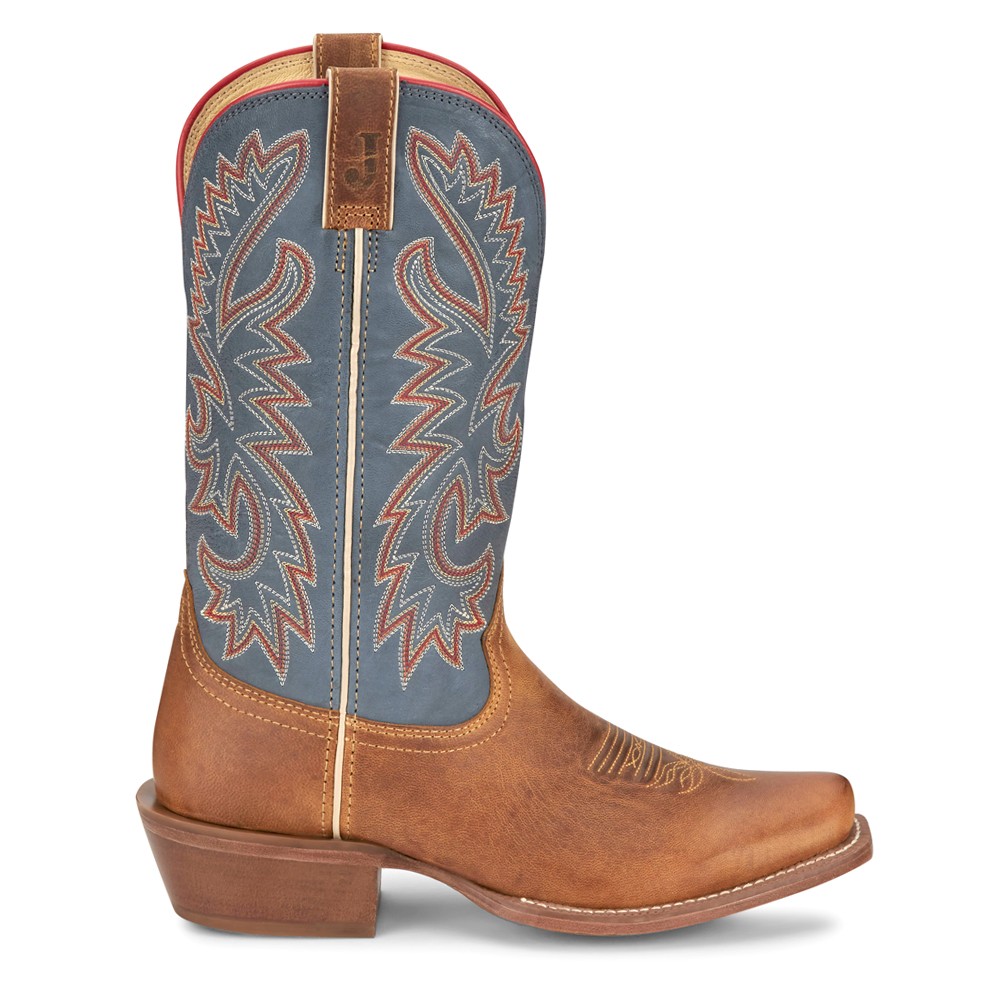 Justin Boots Mens Embroidered Square Toe Cowboy Boots in Blue & Brown