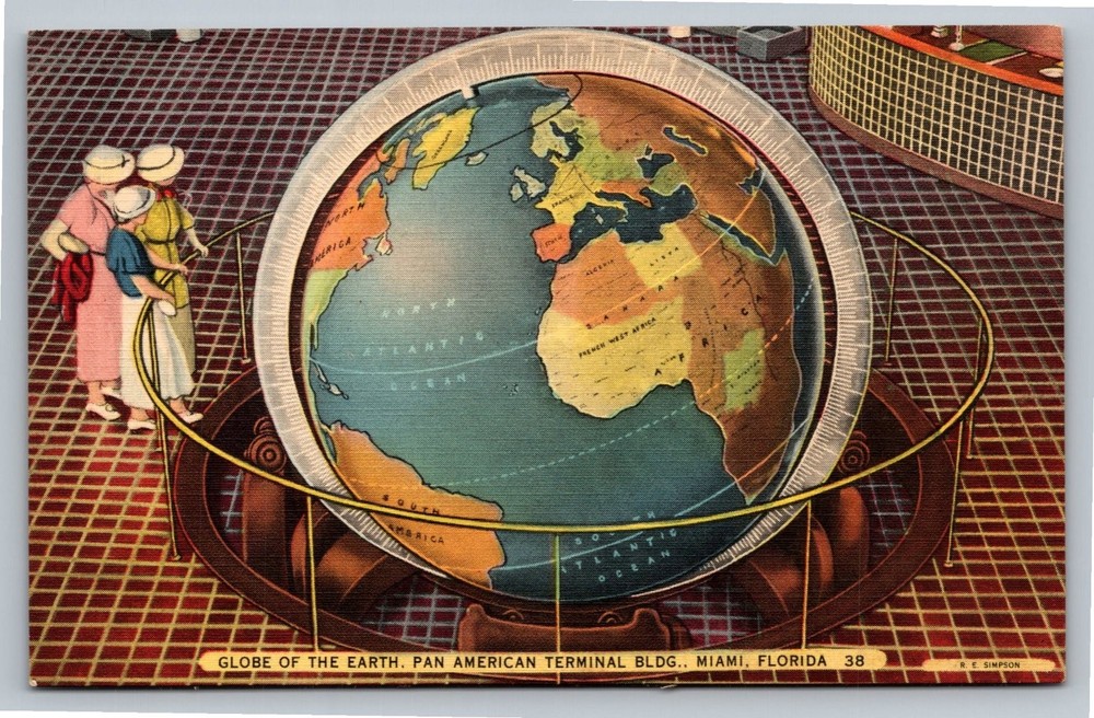 Vintage Globe of the Earth Pan American Terminal Miami Linen Postcard