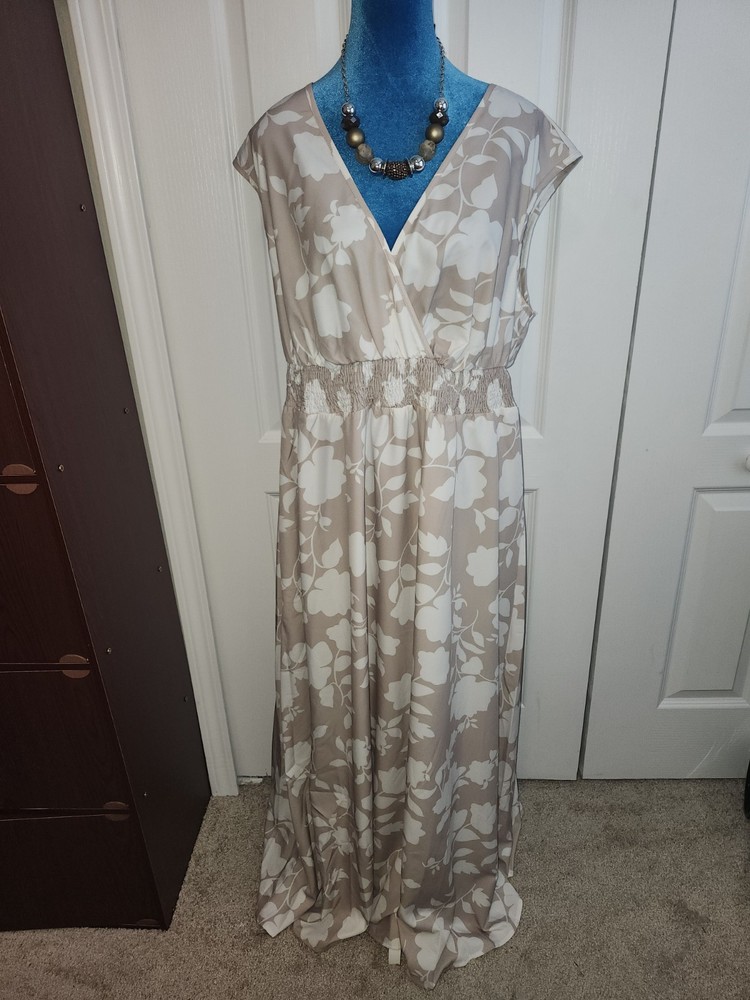 Womens Beige Floral Print Midi V-Neck Dress Sz.14 1Xl