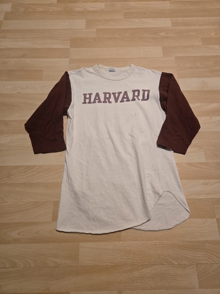 True Vintage 70s Harvard University T Shirt Raglan Large Champion Blue Bar Vtg