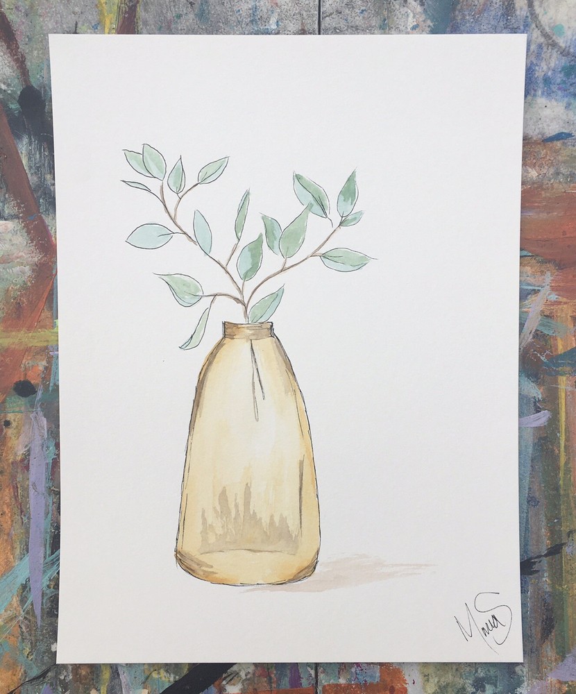 Maria Scalf Flower Floral Nature ORIGINAL PAINTING Greenery 9x12 Minimal