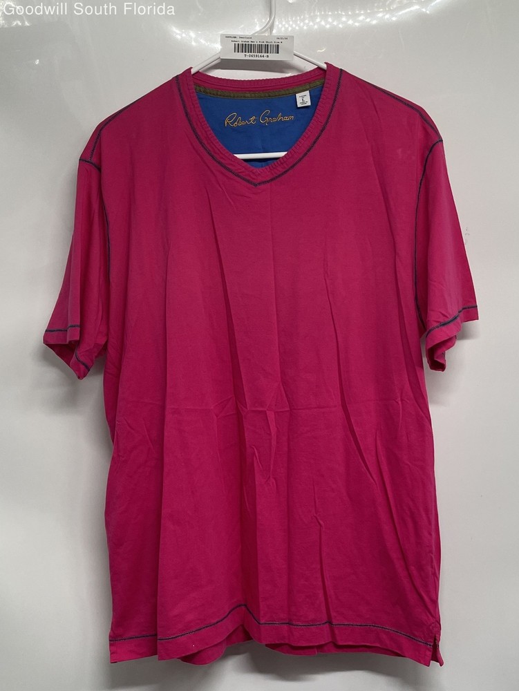 Robert Graham Mens Pink Cotton Classic Fit V-Neck Pullover T-Shirt Size Large