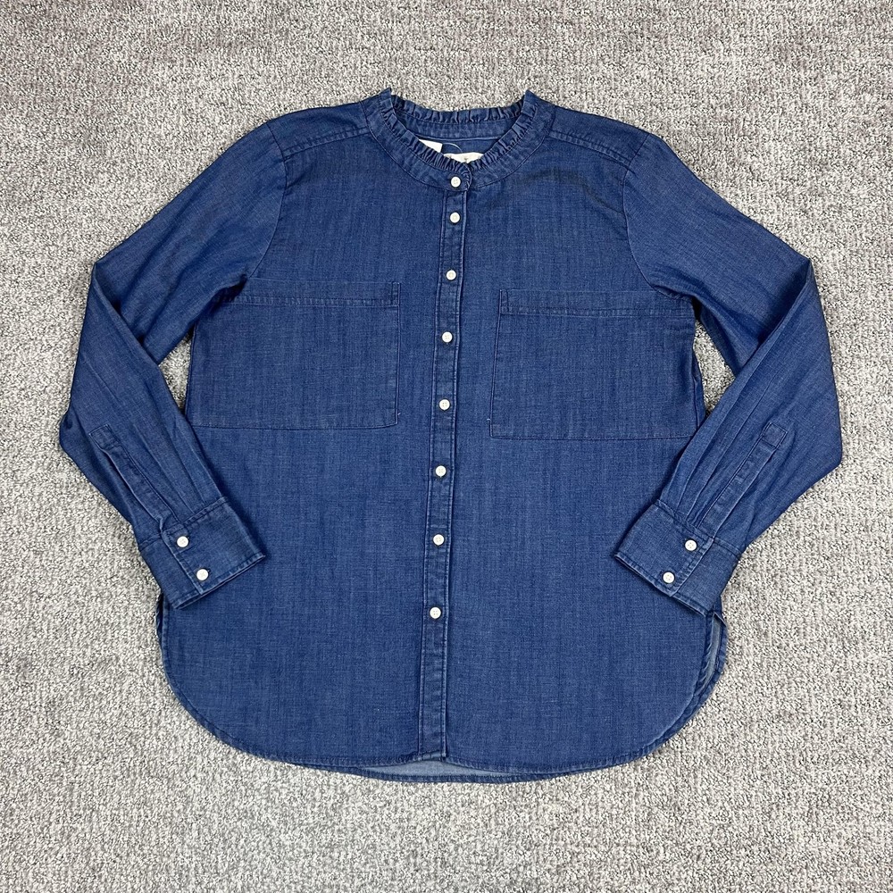 LOFT Shirt Womens Medium Blue Chambray Button Ruffle Capsule Western