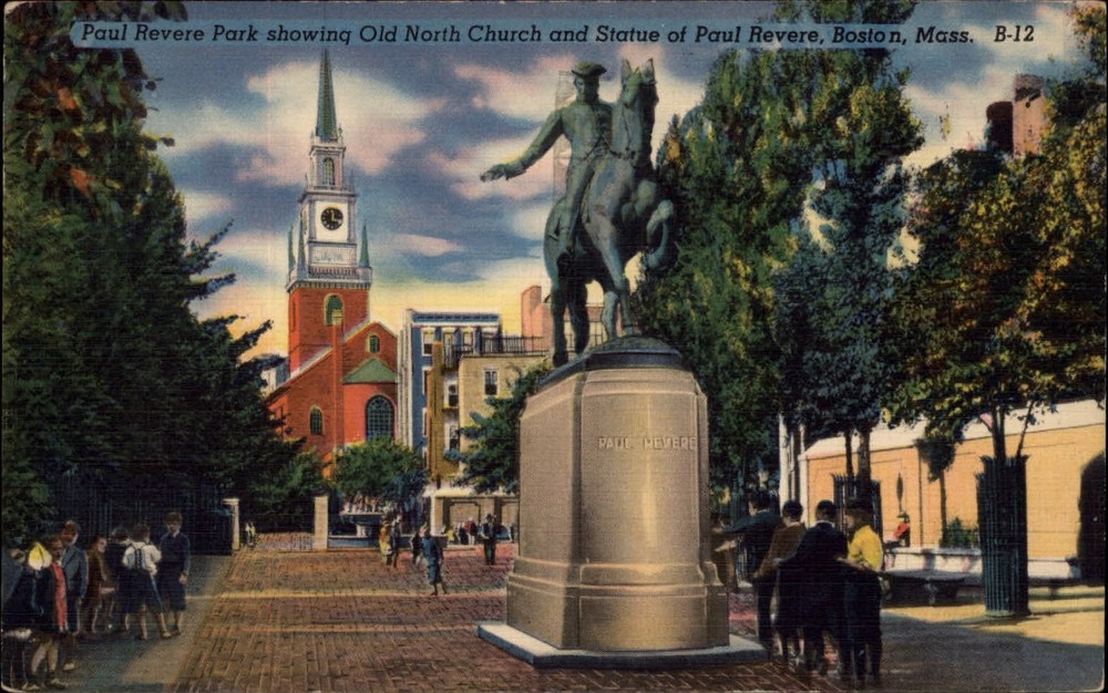 Boston Massachusetts Old North Church Paul Revere statue 1951 linen postcard
