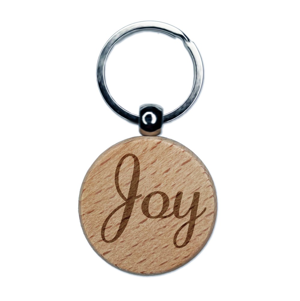 Joy Cursive Text Engraved Wood Round Keychain Tag Charm