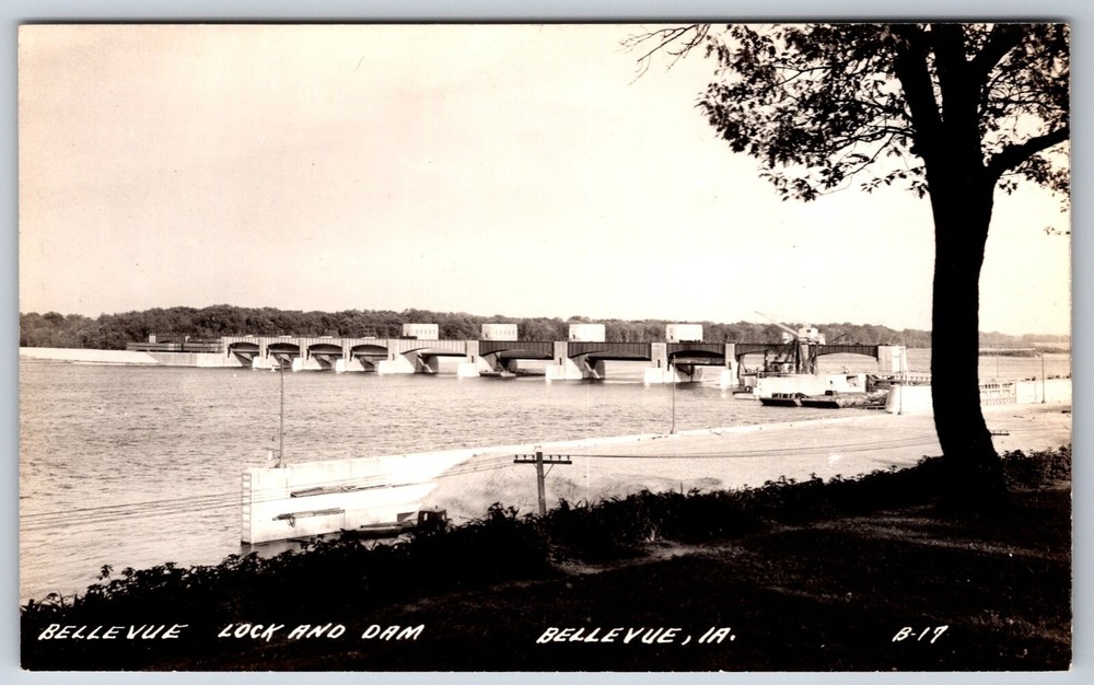 RPPC~Iowa~View Of Bellevue Lock & Dam On Mississippi River~Real Photo Postcard