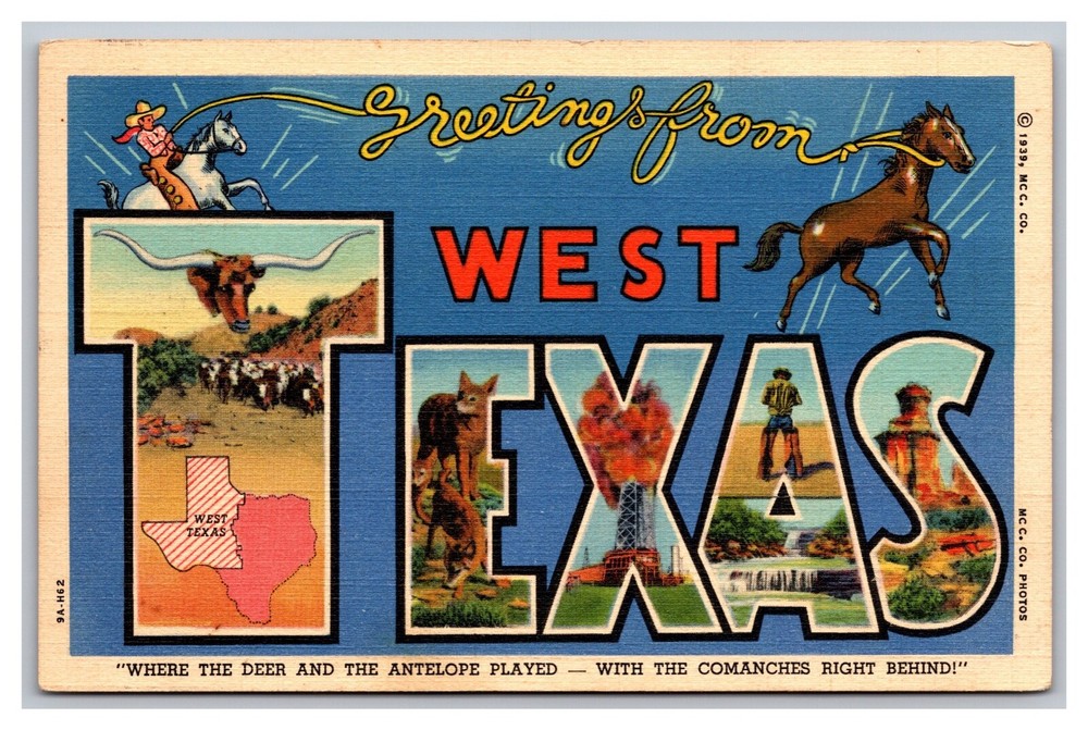 Greetings from West Texas Large Letter CurteichLinen Postcard Posted 1944