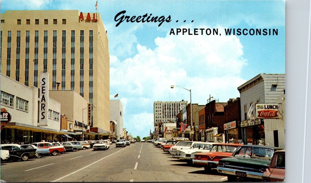 Appleton Wisconsin College Avenue Sears Penny's Coca Cola Cars Postcard    27099