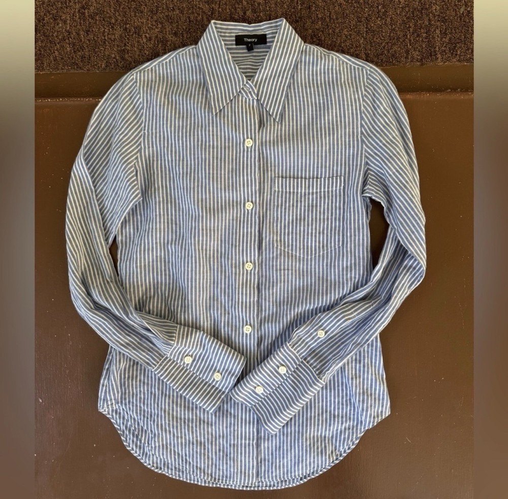 Theory Blue And White Striped Classic Casual Button Up Shirt - Women’s P