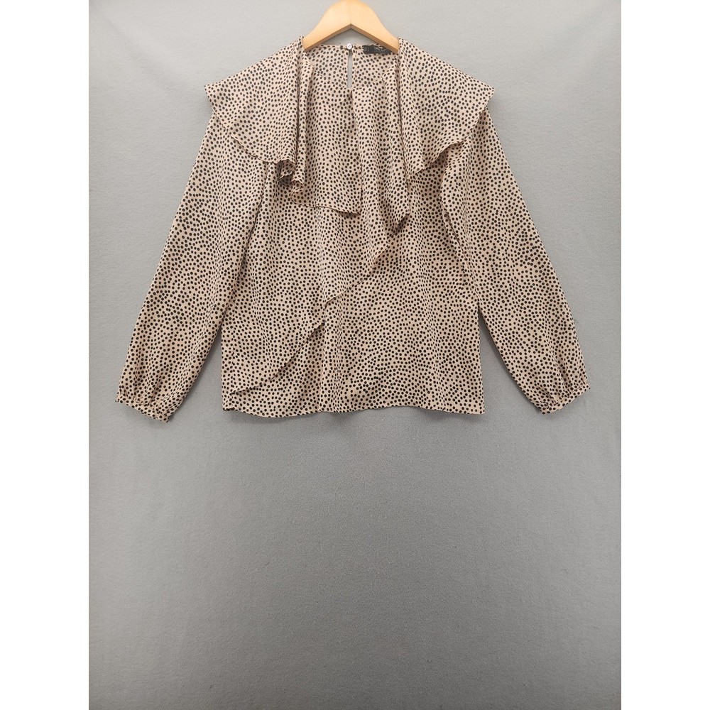 Zara Basic Polka Dot Ruffle Blouse Tan Black Long Sleeve Top Size Small S Chic