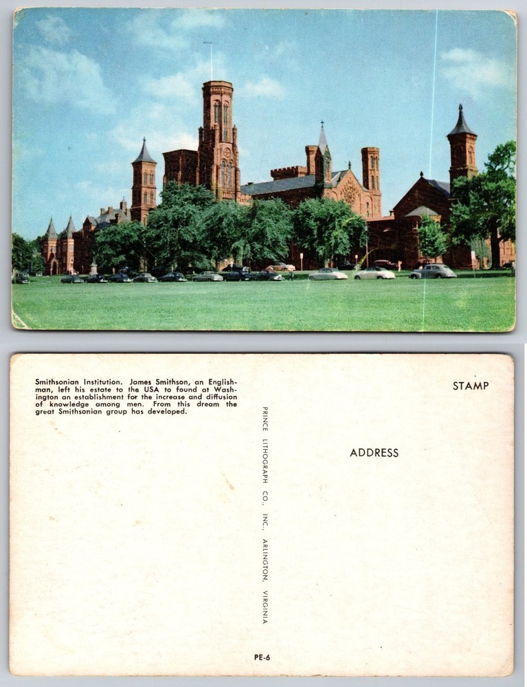 Vintage Smithsonian Castle Postcard Washington DC Prince Lithograph 1950s Cars