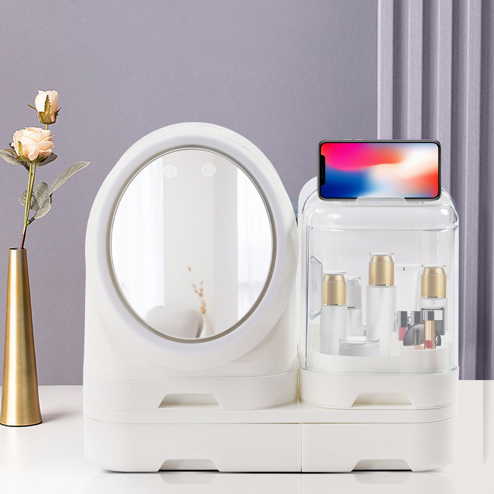 LED Makeup Organizer Box Large Capacity White Tabletop Storage  