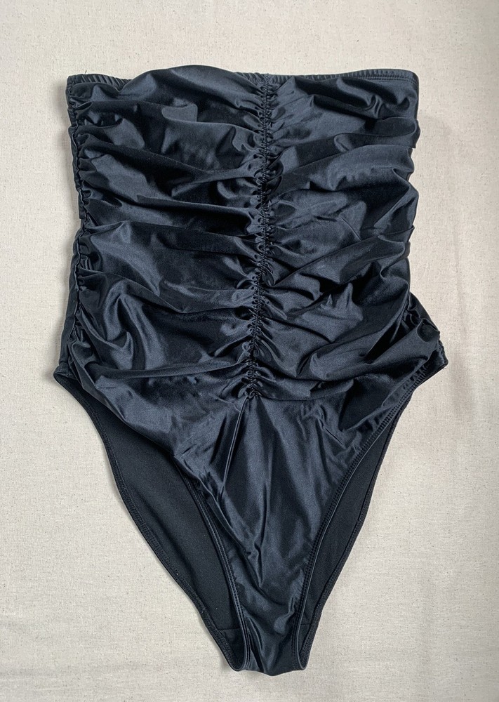 Good American Sz 2 Black Off Shoulder Strapless Ruched One-Piece Swimsuit