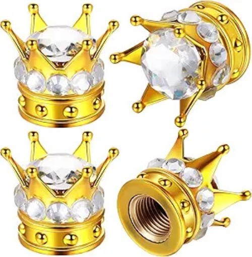 4 Pieces Crown Tire Valve Stem Caps Bling Handmade Crystal 	Gold and White