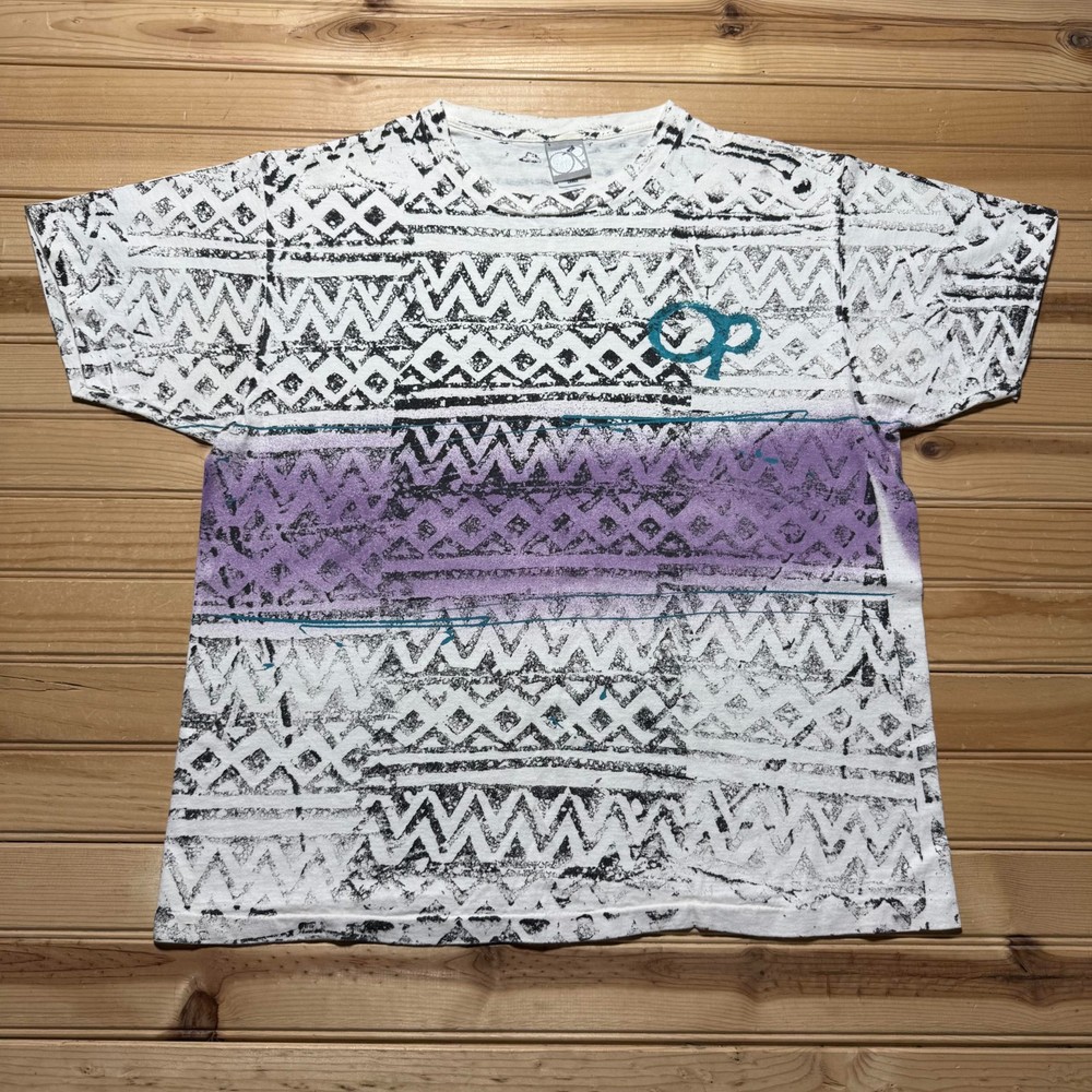 Vintage 90s Ocean Pacific OP Tribal Geometric AOP Skate Surf T-Shirt Men's Large
