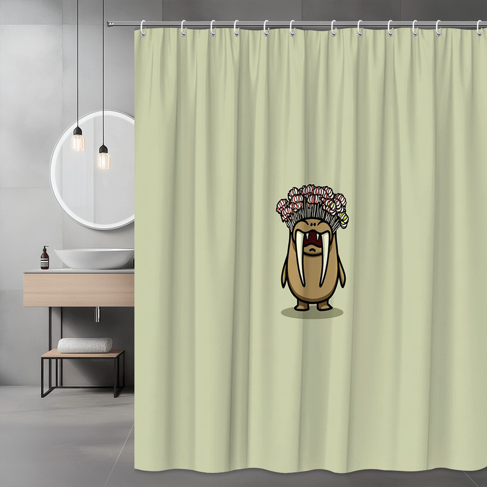 Walrus Cartoon Shower Curtain, Cute Animal Graphic on Sage Background