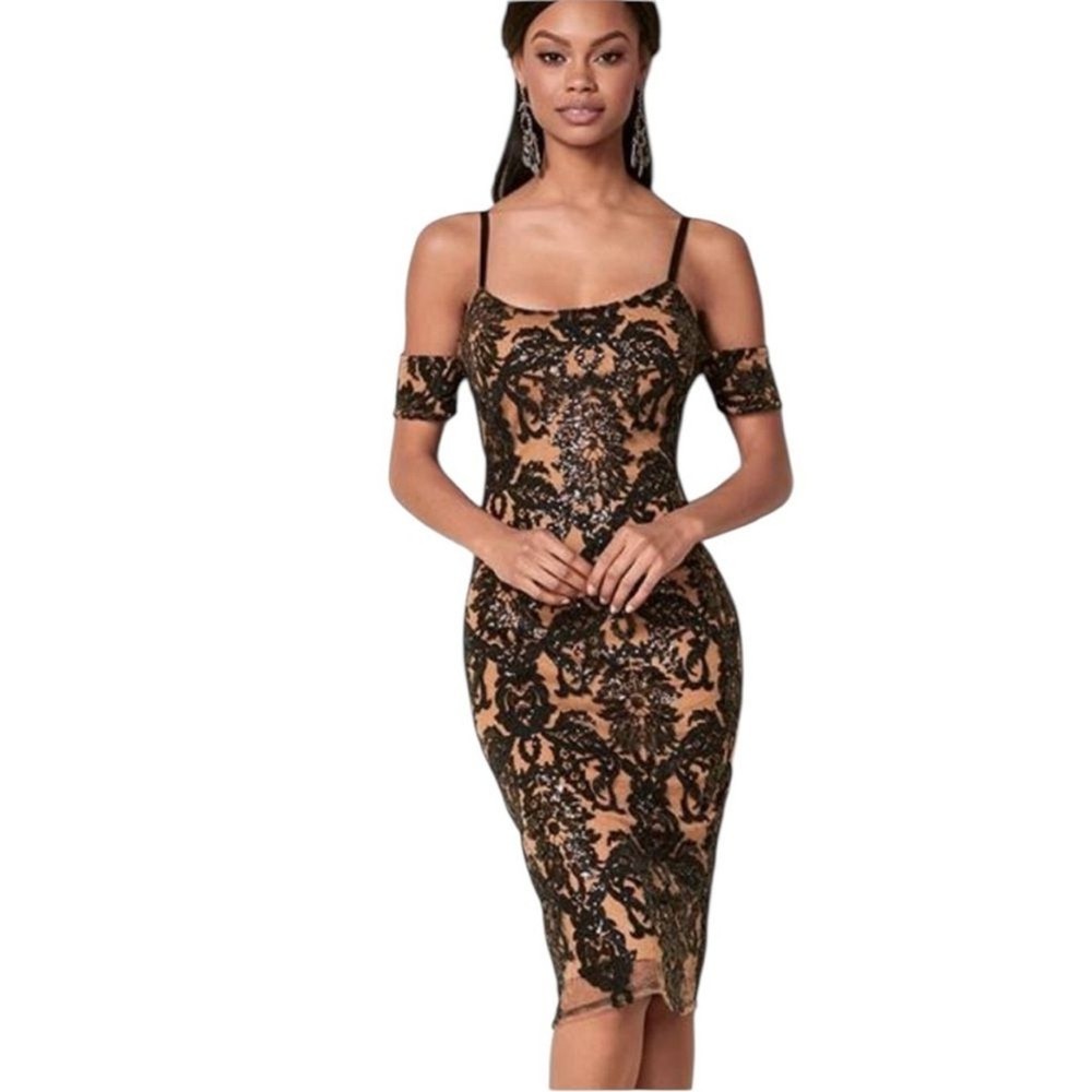 Venus Sequin Cold Shoulder BodyCon Midi Dress Black Tan Womens Size Small