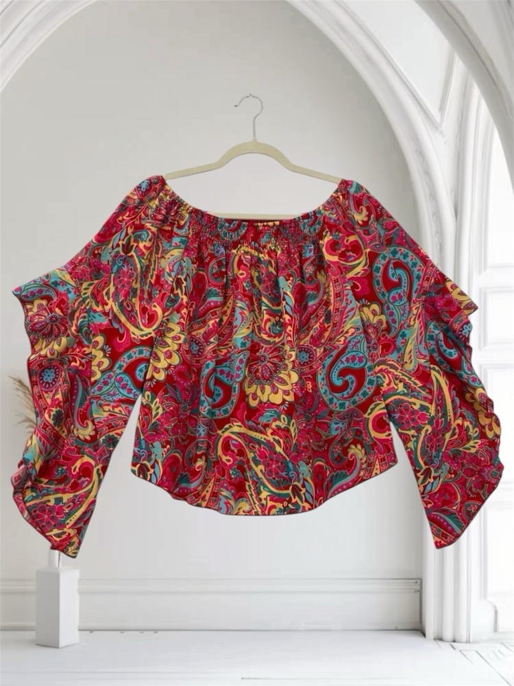 Women’s Paisley Boho Bell Sleeve Top Size Medium 8/10 Smocked Resort Summer Chic