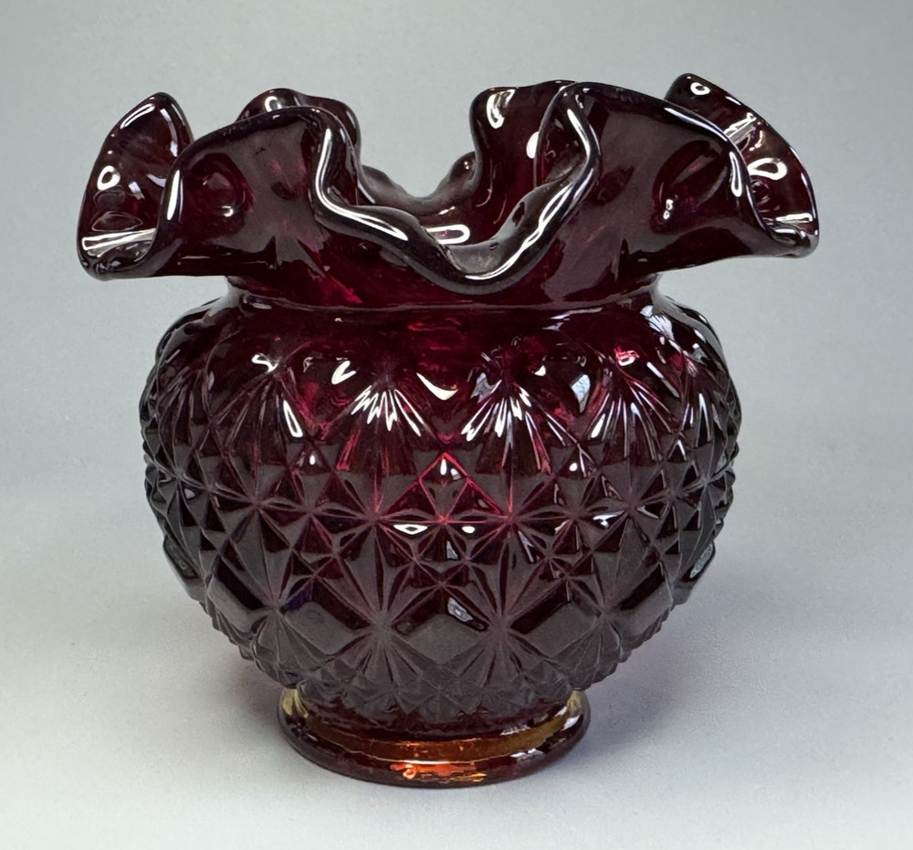Fenton Glass Ruby Red to Amber Ruffle Diamond Star Vase Rose Bowl
