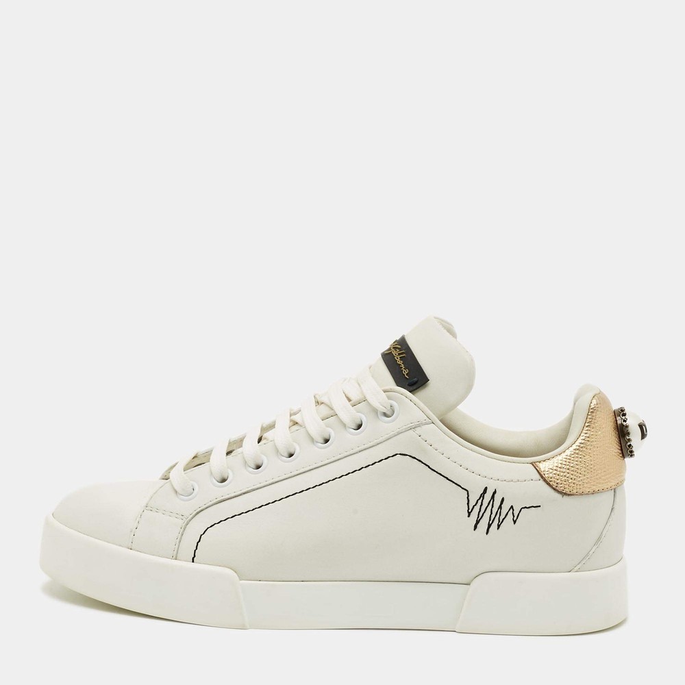 Dolce Gabbana Portofino Size 36.5 WhiteGold Leather Lace Up Sneakers