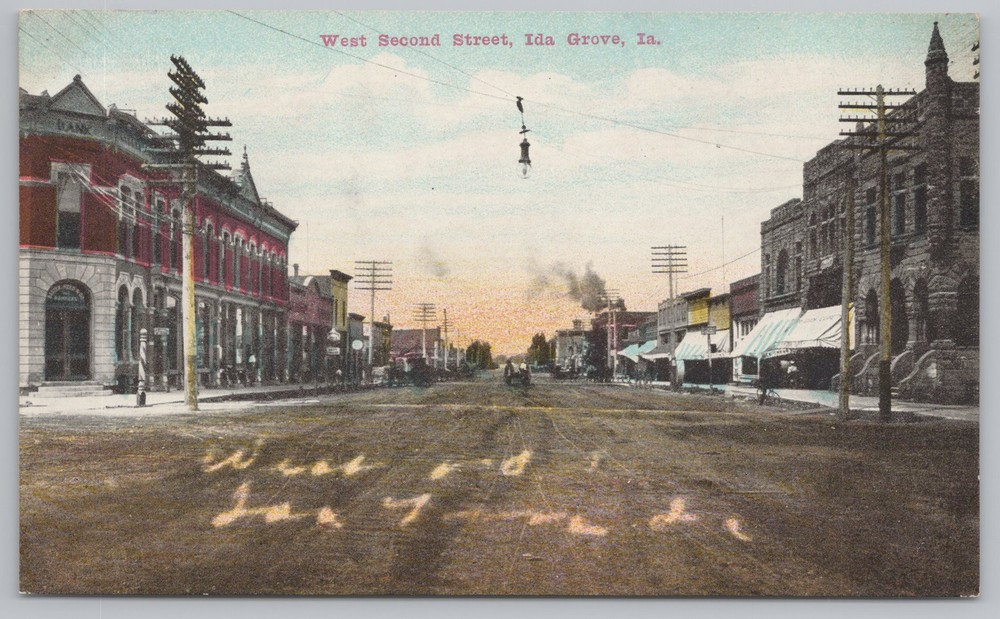 Ida Grove Iowa~West Second St~Dirt Road~Barber Pole~Bank~Awnings~Bike~Vintage PC