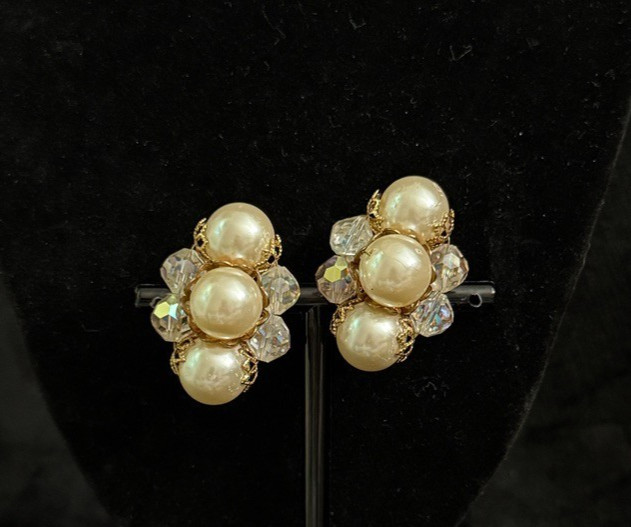 Vintage Faux Pearl & Aurora Borealis Crystal Cluster Clip-On Earrings