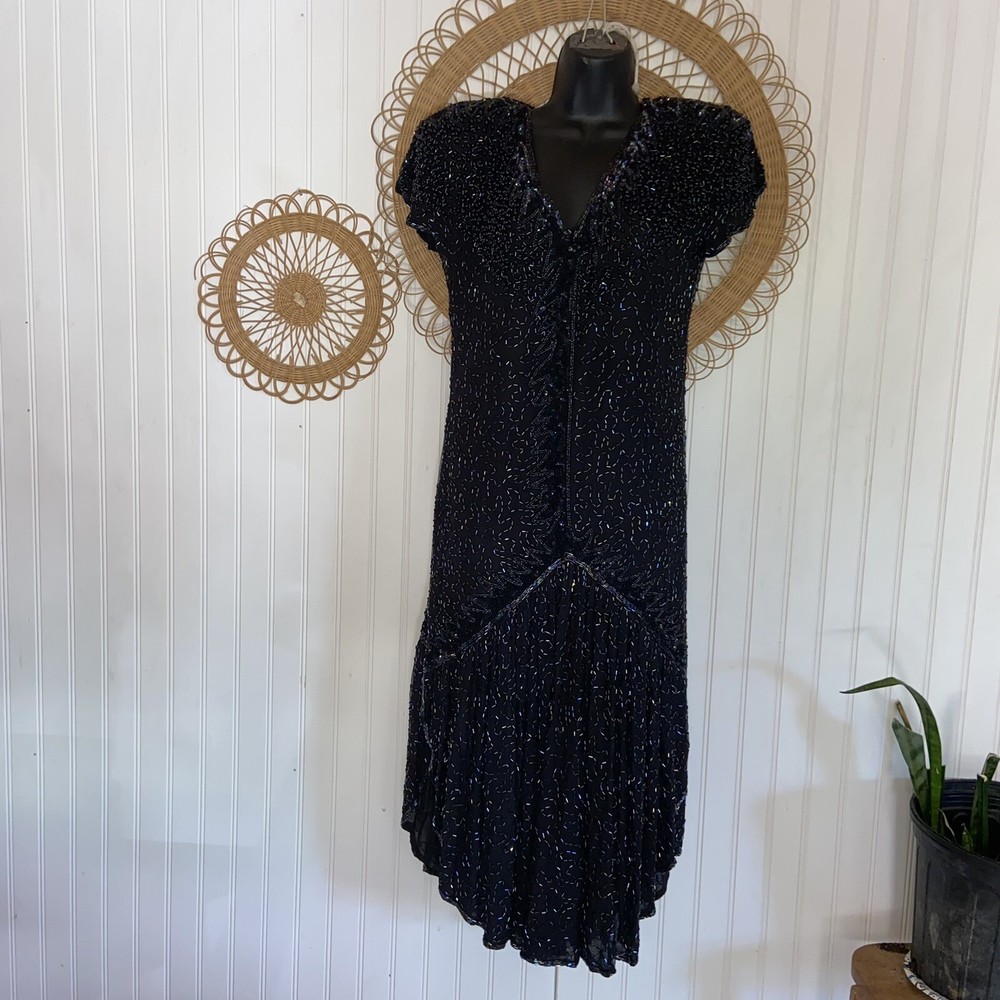 Vintage Mark & John ll Black Sequin Beaded Dress MIDI Cocktail L J1