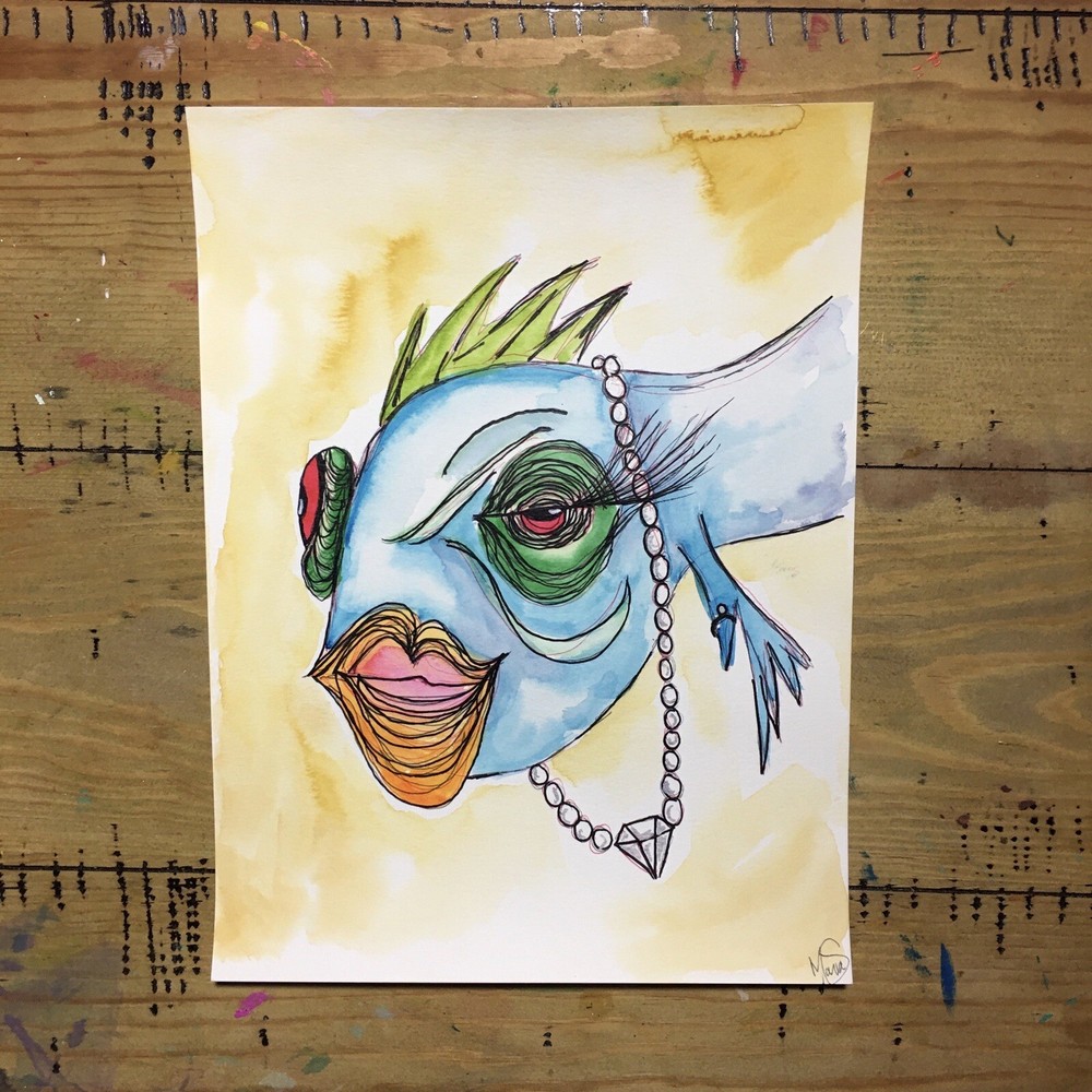 Maria Scalf Portrait Fish Abstract Street Graffiti  Modern Watercolor Art 9x12