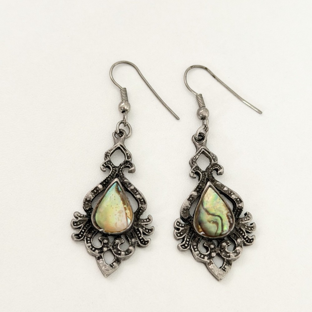 Vintage Abalone Shell Silver Tone Ladies Pierced Dangle Earrings