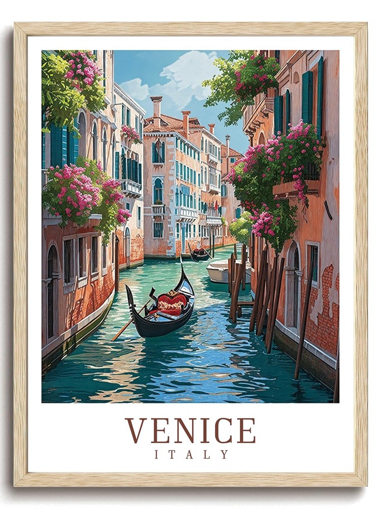 Venice Italy OAK Wood Framed Wall Art Italian Romantic Canal Canvas Art Print...