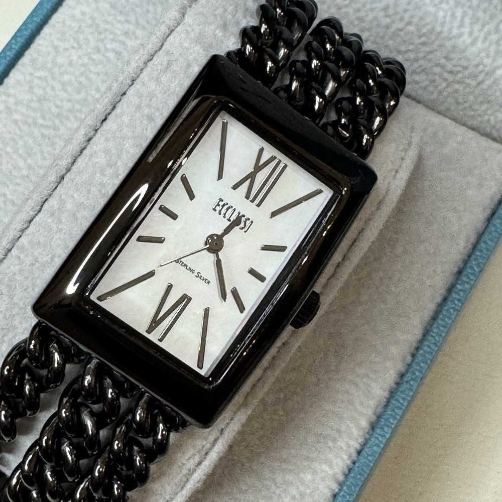 Ecclissi Sterling Silver Mother of Pearl Dial Black Chain Watch New in Box