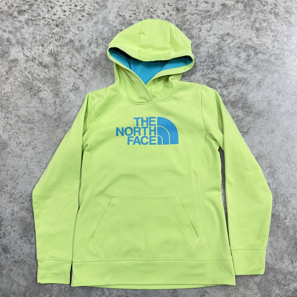 The North Face Hoodie Womens Medium Neon Green Logo Pullover Fleece Sweatshirt